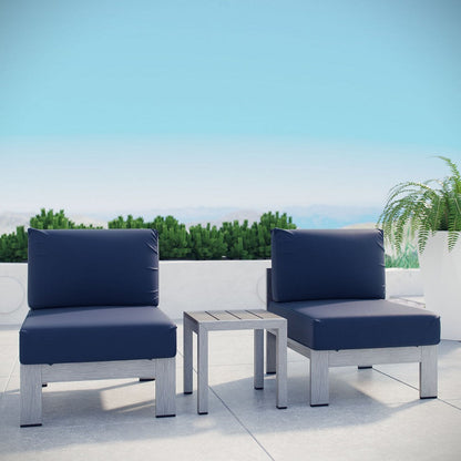 Modway Shore 3-Piece Aluminum Outdoor Patio Furniture Set in Silver Navy