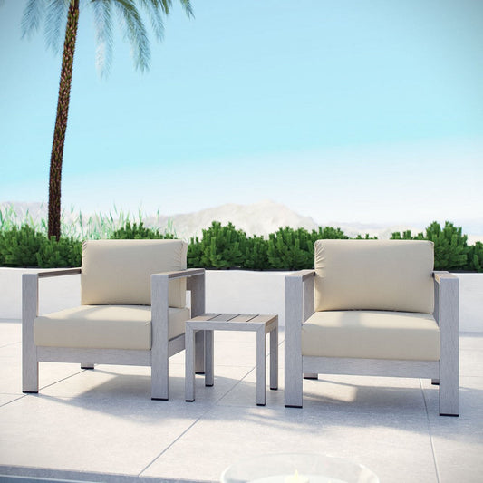 Modway Shore 3-Piece Aluminum Outdoor Patio Furniture Set in Silver Beige