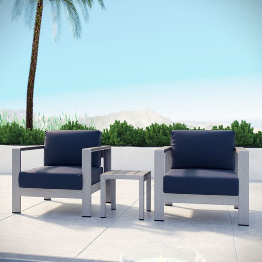 Modway Shore 3-Piece Aluminum Outdoor Patio Furniture Set in Silver Navy