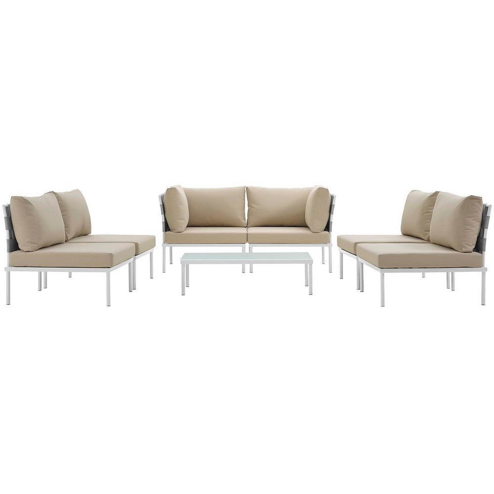 Modway Harmony 7-Piece Aluminum Outdoor Patio Furniture Sectional Sofa Set with Cushions in White Beige MDY-EEI-2617-WHI-BEI-SET