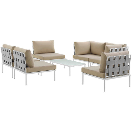 Modway Harmony 7-Piece Aluminum Outdoor Patio Furniture Sectional Sofa Set with Cushions in White Beige