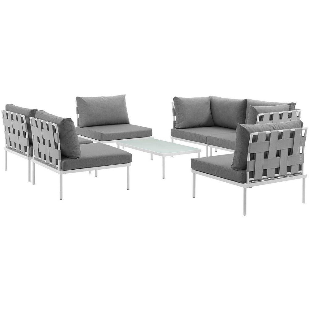 Modway Harmony 7-Piece Aluminum Outdoor Patio Furniture Sectional Sofa Set with Cushions in White Gray