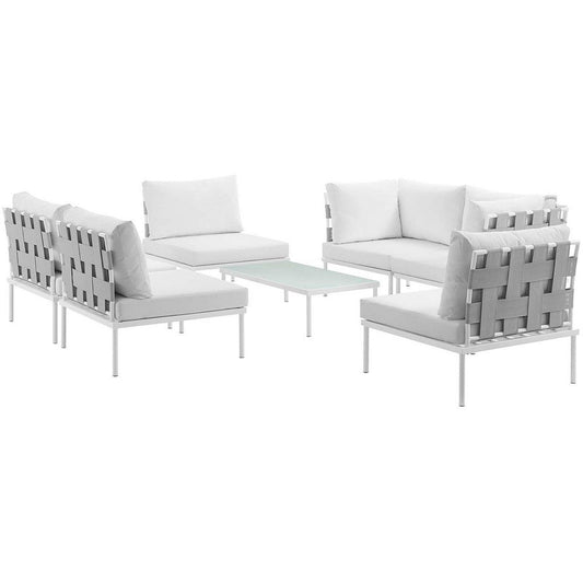 Modway Harmony 7-Piece Aluminum Outdoor Patio Furniture Sectional Sofa Set with Cushions in White White