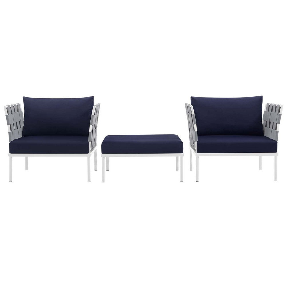 Modway Harmony 3 Piece Outdoor Patio Aluminum Sectional Sofa Set in White Navy MDY-EEI-2618-WHI-NAV-SET