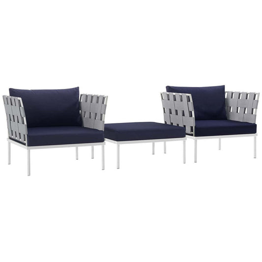 Modway Harmony 3 Piece Outdoor Patio Aluminum Sectional Sofa Set in White Navy