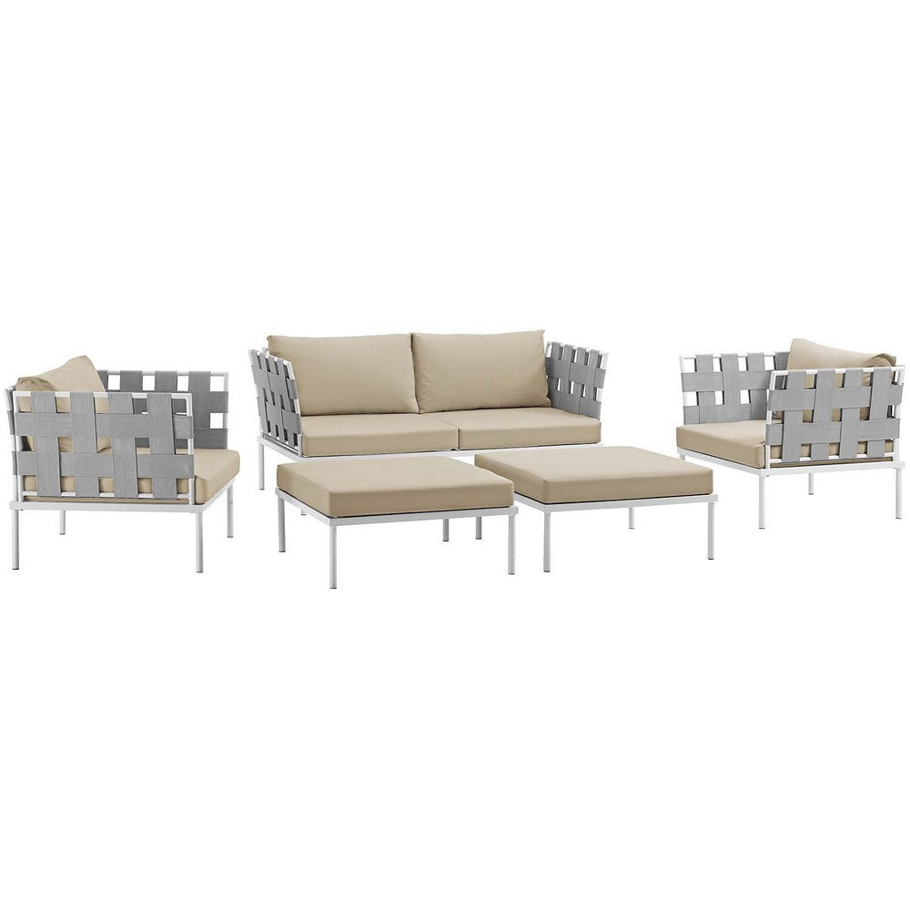 Modway Harmony Aluminum Outdoor Patio Furniture 5-Piece Sectional Sofa Set in White Beige