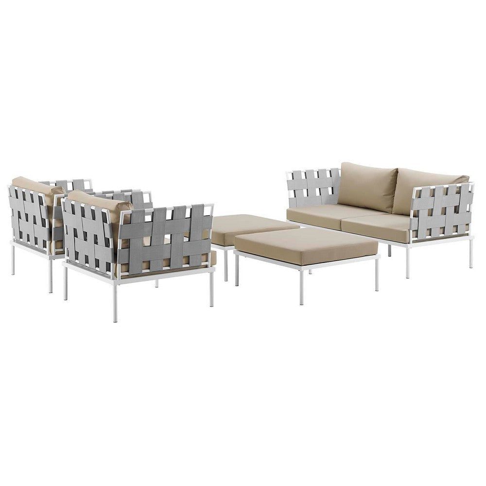 Modway Harmony Aluminum Outdoor Patio Furniture 5-Piece Sectional Sofa Set in White Beige MDY-EEI-2621-WHI-BEI-SET