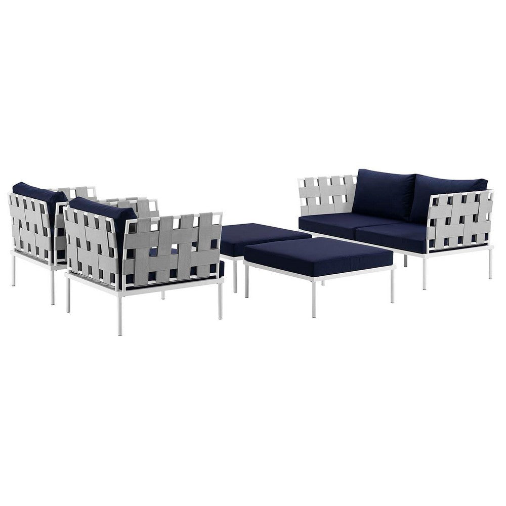 Modway Harmony Aluminum Outdoor Patio Furniture 5-Piece Sectional Sofa Set in White Navy MDY-EEI-2621-WHI-NAV-SET