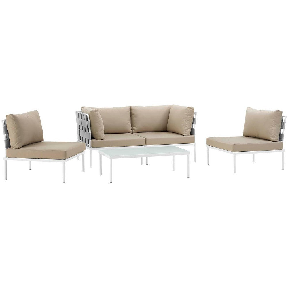 Modway Harmony 5-Piece Aluminum Outdoor Patio Furniture Sectional Sofa Set with Cushions in White Beige