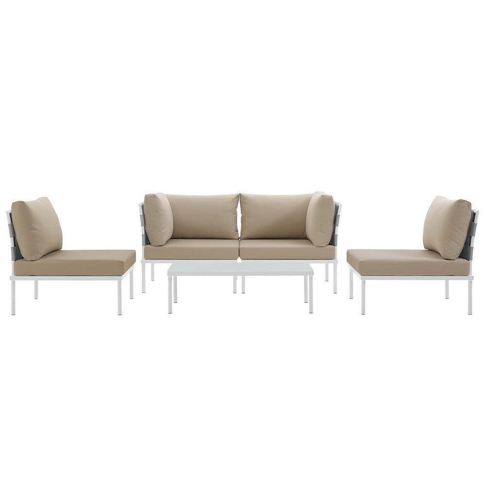 Modway Harmony 5-Piece Aluminum Outdoor Patio Furniture Sectional Sofa Set with Cushions in White Beige MDY-EEI-2622-WHI-BEI-SET