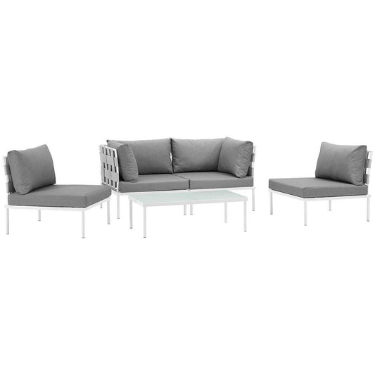 Modway Harmony 5-Piece Aluminum Outdoor Patio Furniture Sectional Sofa Set with Cushions in White Gray