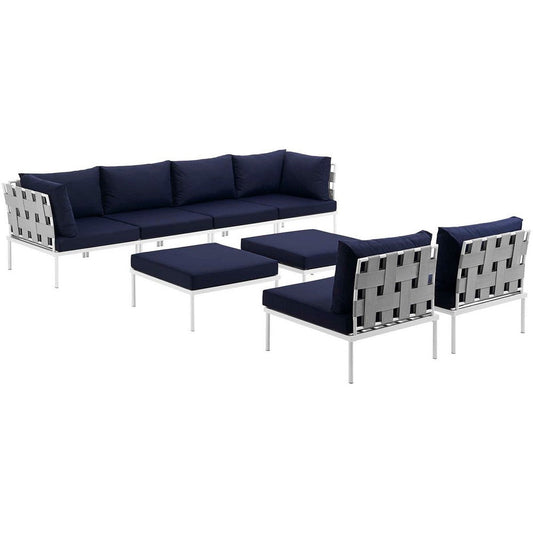 Modway Harmony Aluminum Outdoor Patio Furniture 8-Piece Sectional Sofa Set in White Navy