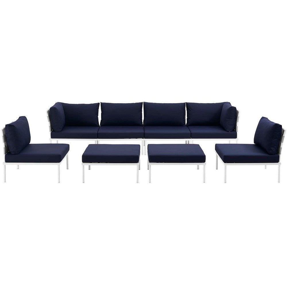 Modway Harmony Aluminum Outdoor Patio Furniture 8-Piece Sectional Sofa Set in White Navy MDY-EEI-2624-WHI-NAV-SET