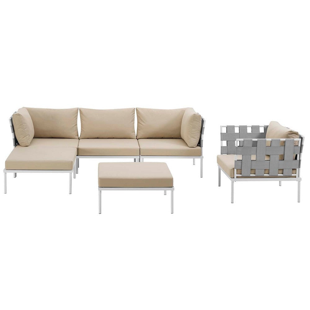 Modway Harmony Aluminum Outdoor Patio Furniture 6-Piece Sectional Sofa Set in White Beige MDY-EEI-2626-WHI-BEI-SET