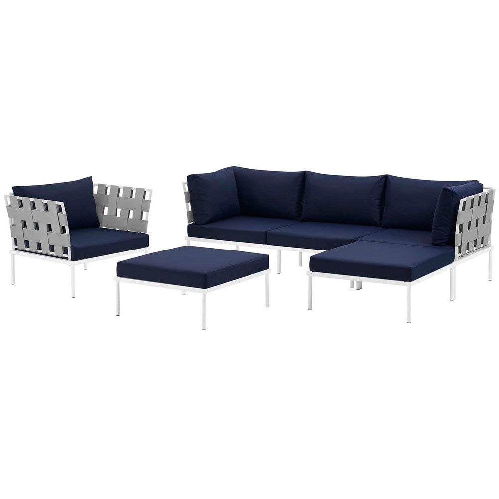 Modway Harmony Aluminum Outdoor Patio Furniture 6-Piece Sectional Sofa Set in White Navy MDY-EEI-2626-WHI-NAV-SET