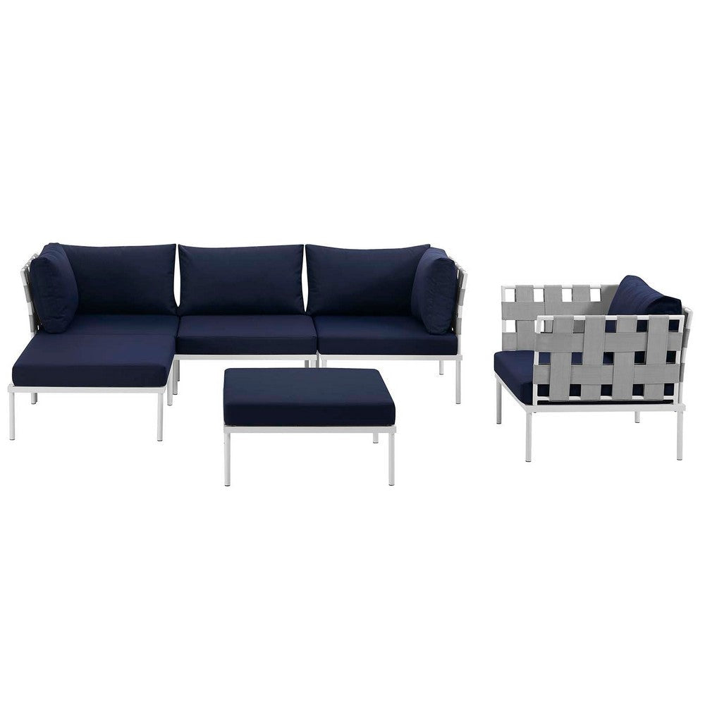 Modway Harmony Aluminum Outdoor Patio Furniture 6-Piece Sectional Sofa Set in White Navy MDY-EEI-2626-WHI-NAV-SET