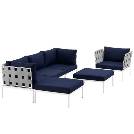 Modway Harmony Aluminum Outdoor Patio Furniture 6-Piece Sectional Sofa Set in White Navy