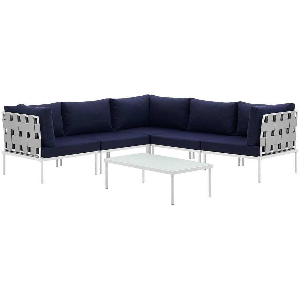 Modway Harmony 6-Piece Aluminum Outdoor Patio Furniture Sectional Sofa Set with Cushions in White Navy MDY-EEI-2627-WHI-NAV-SET