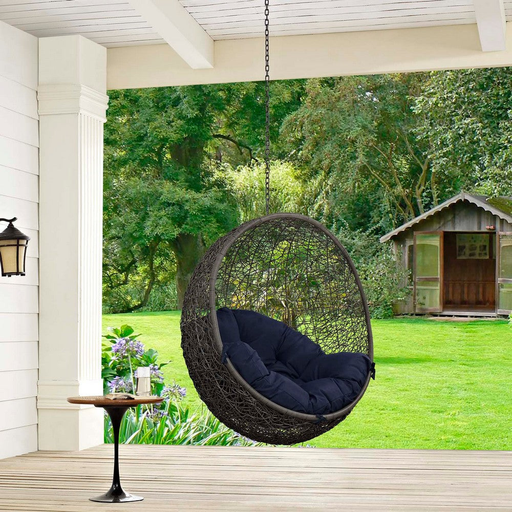 Modway Hide Wicker Rattan Outdoor Patio Swing Chair with Hanging Steel Chain in Gray Navy MDY-EEI-2654-GRY-NAV