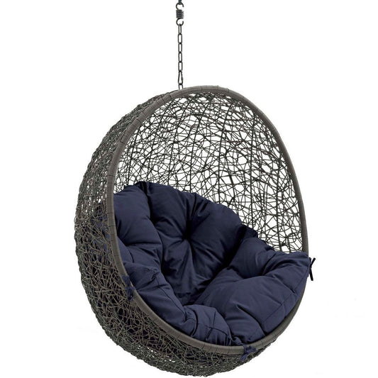 Modway Hide Wicker Rattan Outdoor Patio Swing Chair with Hanging Steel Chain in Gray Navy