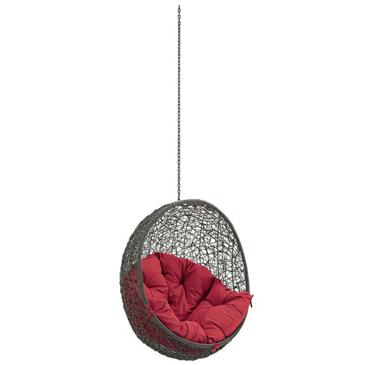 Modway Hide Wicker Rattan Outdoor Patio Swing Chair with Hanging Steel Chain in Gray Red