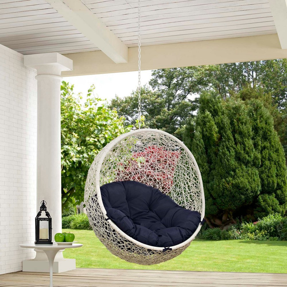 Modway Hide Wicker Rattan Outdoor Patio Swing Chair with Hanging Steel Chain in White Navy MDY-EEI-2654-WHI-NAV