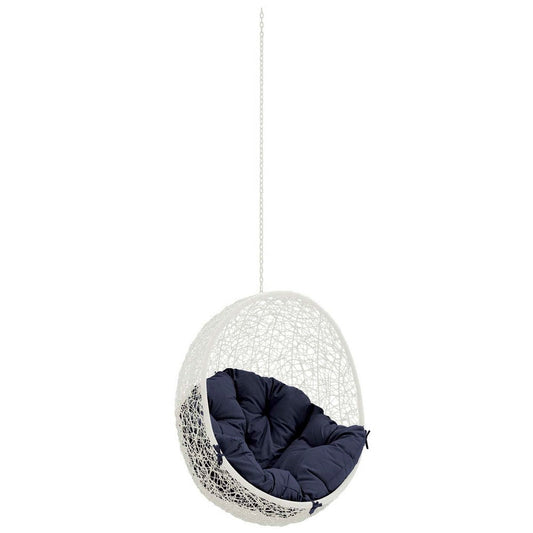 Modway Hide Wicker Rattan Outdoor Patio Swing Chair with Hanging Steel Chain in White Navy