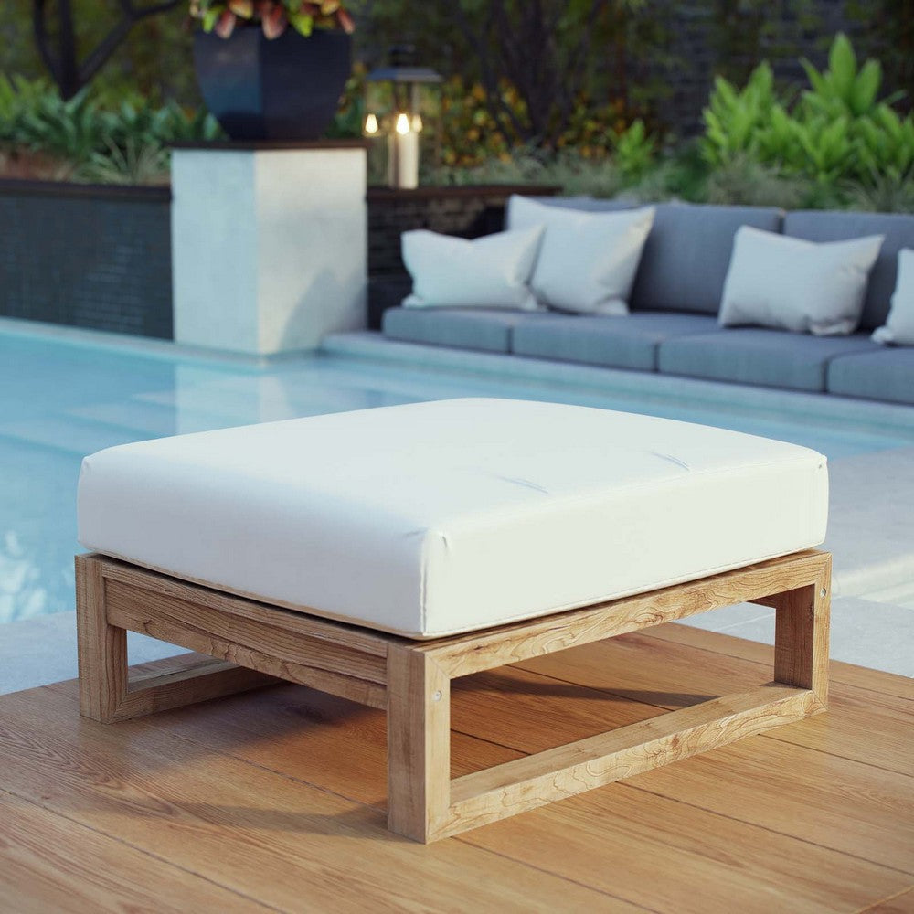 Modway Upland Teak Wood Outdoor Patio Ottoman with Cushions in Natural White