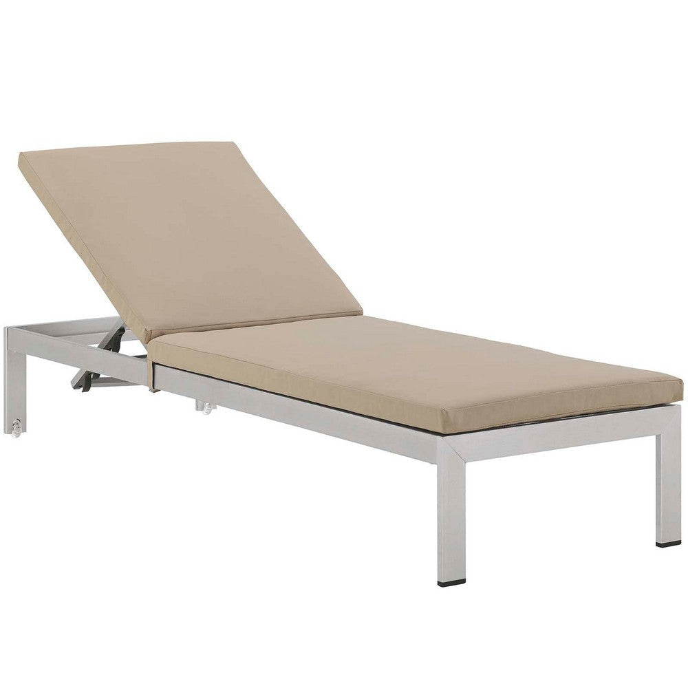 Modway Shore Aluminum Outdoor Patio Two Poolside Chaise Lounge Chairs with Cushions and Side End Table in Silver Beige