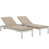 Modway Shore Aluminum Outdoor Patio Two Poolside Chaise Lounge Chairs with Cushions and Side End Table in Silver Beige