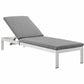 Modway Shore Aluminum Outdoor Patio Two Poolside Chaise Lounge Chairs with Cushions and Side End Table in Silver Gray