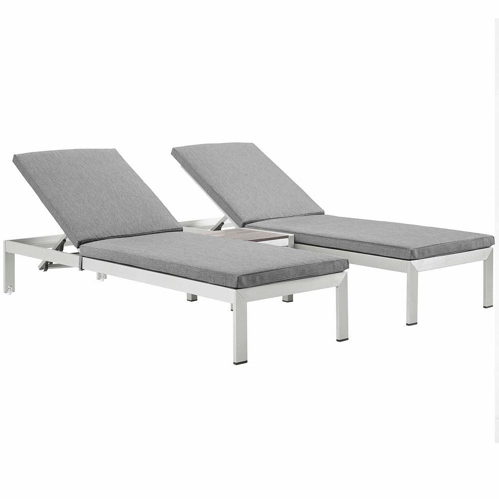 Modway Shore Aluminum Outdoor Patio Two Poolside Chaise Lounge Chairs with Cushions and Side End Table in Silver Gray