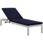 Modway Shore Aluminum Outdoor Patio Two Poolside Chaise Lounge Chairs with Cushions and Side End Table in Silver Navy