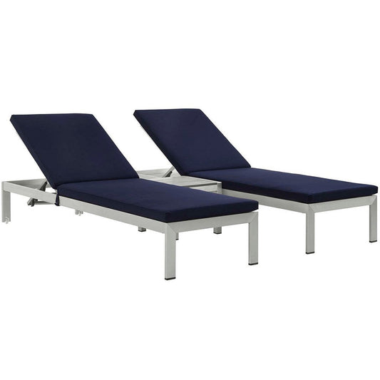 Modway Shore Aluminum Outdoor Patio Two Poolside Chaise Lounge Chairs with Cushions and Side End Table in Silver Navy