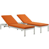 Modway Shore Aluminum Outdoor Patio Two Poolside Chaise Lounge Chairs with Cushions and Side End Table in Silver Orange