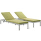 Modway Shore Aluminum Outdoor Patio Two Poolside Chaise Lounge Chairs with Cushions and Side End Table in Silver Peridot