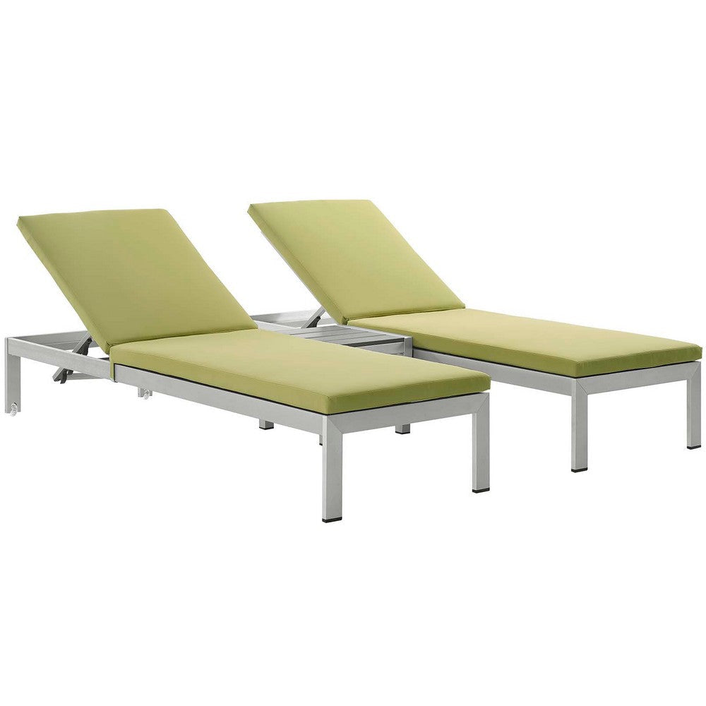 Modway Shore Aluminum Outdoor Patio Two Poolside Chaise Lounge Chairs with Cushions and Side End Table in Silver Peridot