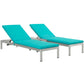 Modway Shore Aluminum Outdoor Patio Two Poolside Chaise Lounge Chairs with Cushions and Side End Table in Silver Turquoise