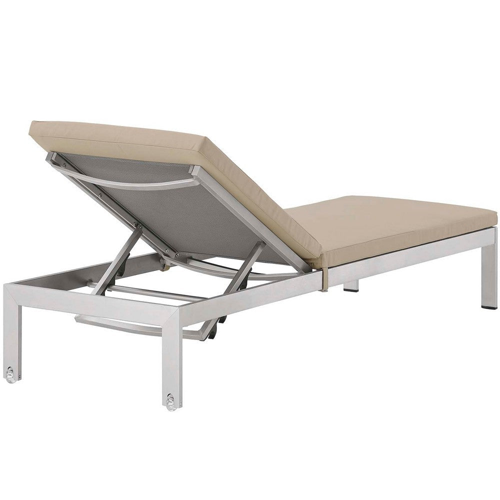 Modway Shore Aluminum Outdoor Patio Two Chaise Lounge Chairs with Cushions in Silver Beige MDY-EEI-2737-SLV-BEI-SET