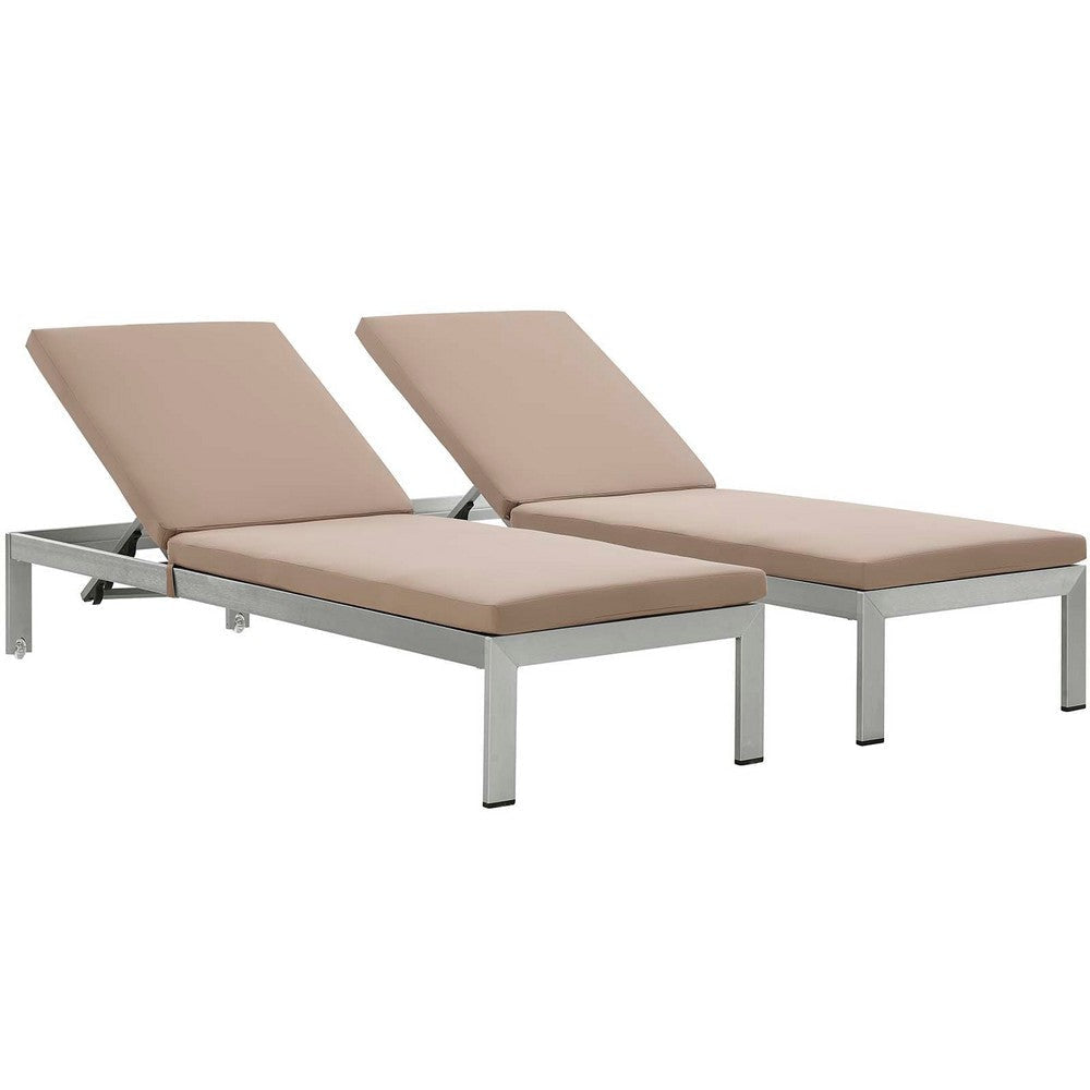 Modway Shore Aluminum Outdoor Patio Two Chaise Lounge Chairs with Cushions in Silver Mocha