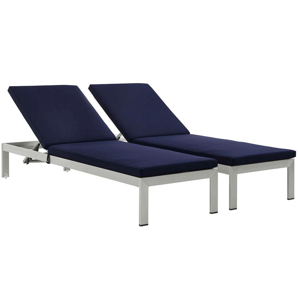 Modway Shore Aluminum Outdoor Patio Two Chaise Lounge Chairs with Cushions in Silver Navy