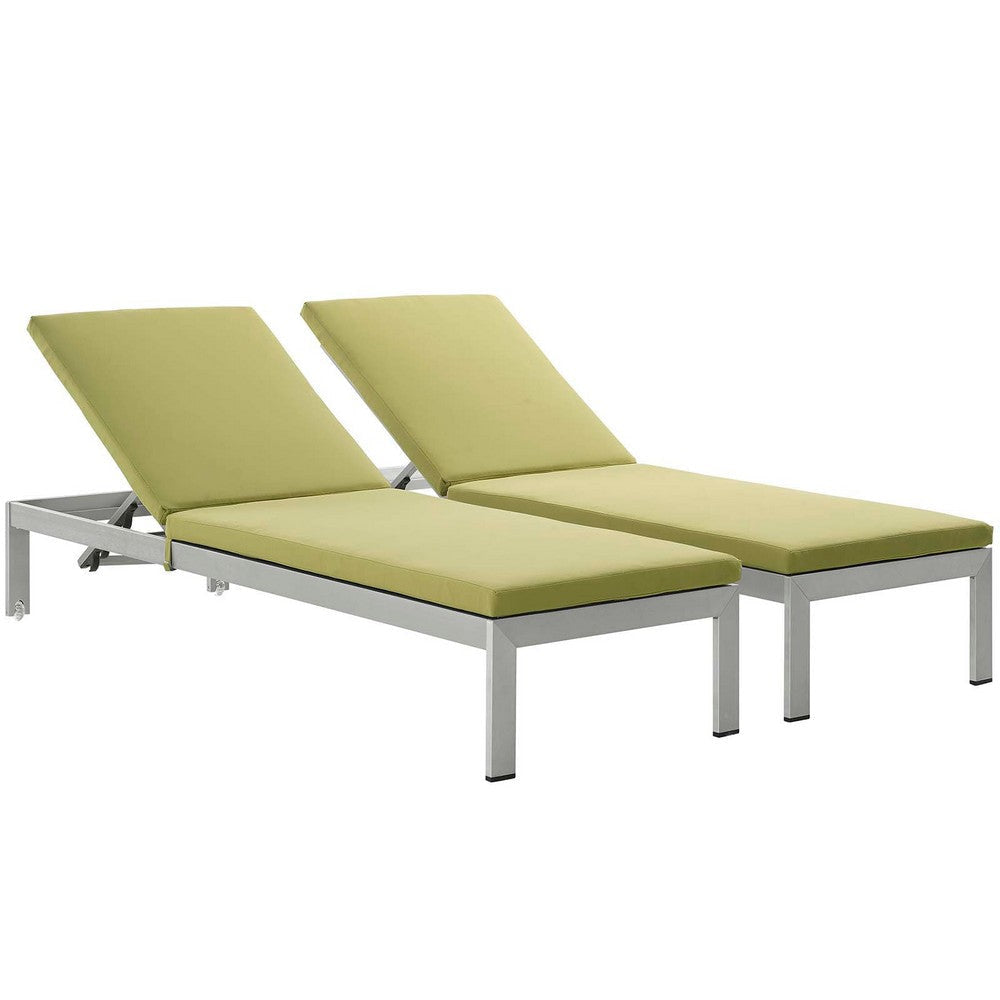 Modway Shore Aluminum Outdoor Patio Two Chaise Lounge Chairs with Cushions in Silver Peridot