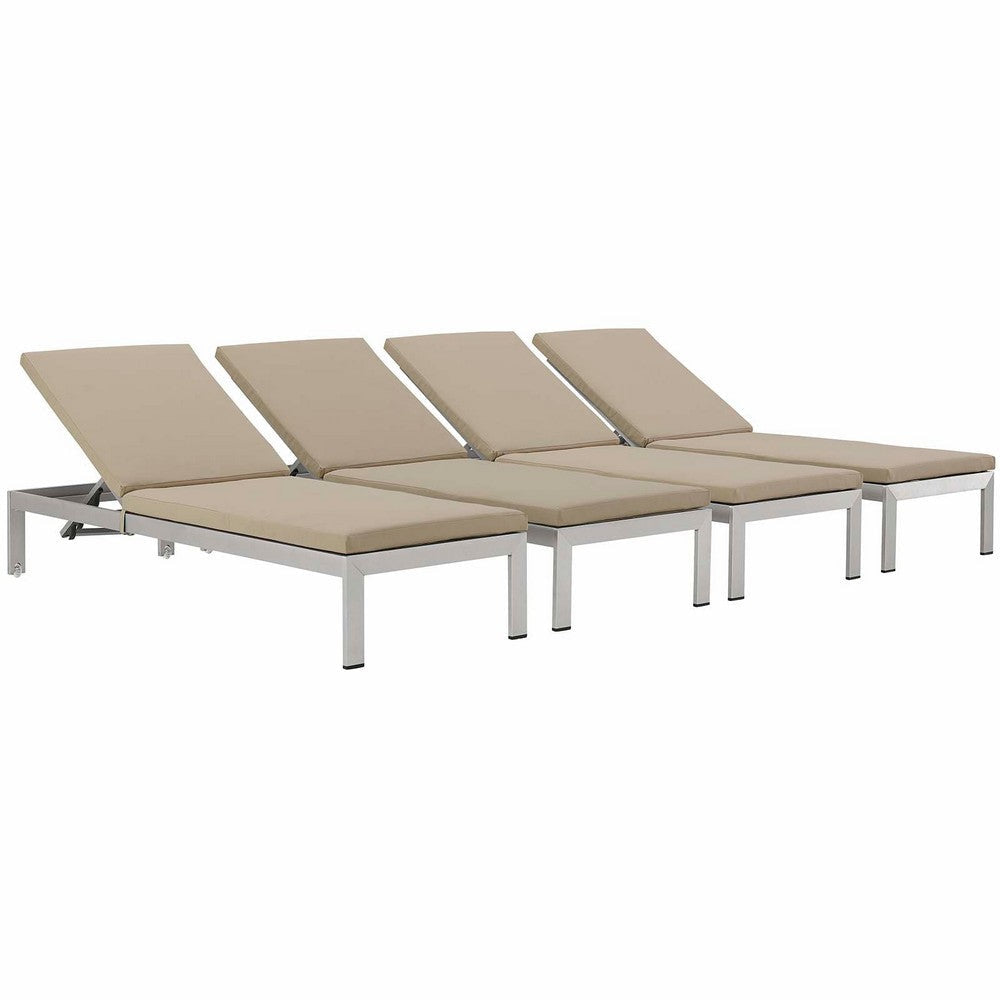 Modway Shore Aluminum Outdoor Patio Four Chaise Lounge Chairs with Cushions in Silver Beige