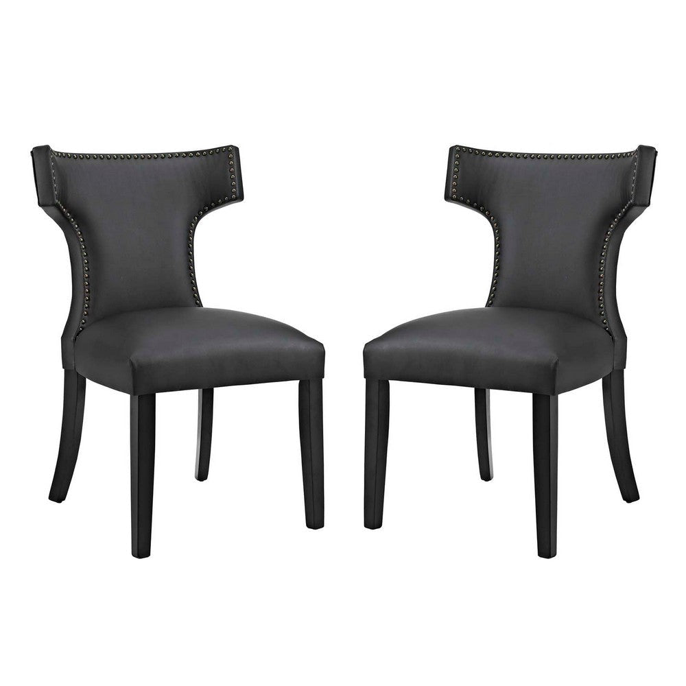 Modway Curve Mid-Century Vegan Leather Upholstered Dining Set with Nailhead Trim in Black, Two Chairs