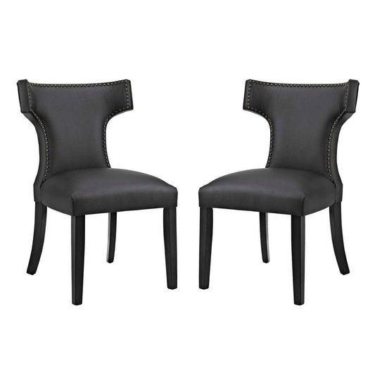 Modway Curve Mid-Century Vegan Leather Upholstered Dining Set with Nailhead Trim in Black, Two Chairs