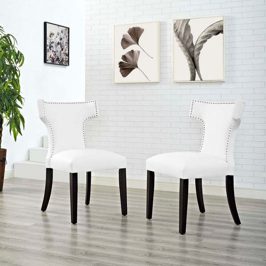 Modway Curve Mid-Century Vegan Leather Upholstered Dining Set with Nailhead Trim in White, Two Chairs