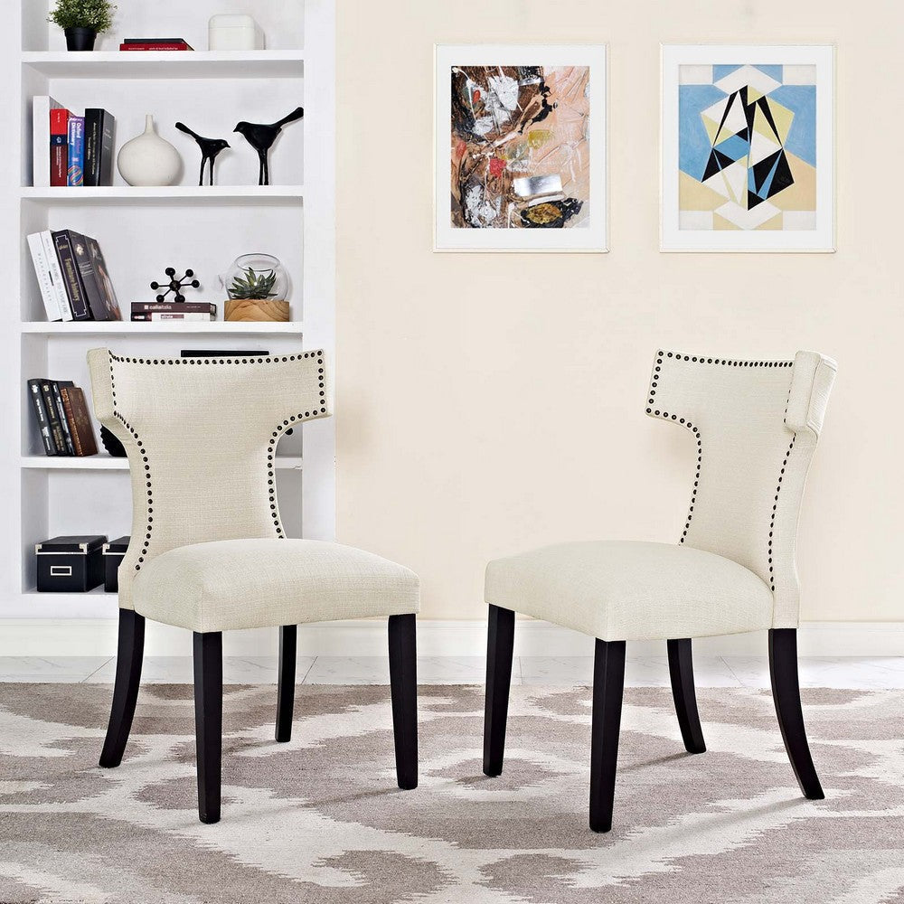 Modway Baron Curve Mid-Century Modern Upholstered Fabric with Nailhead Trim, Two Chairs, Beige