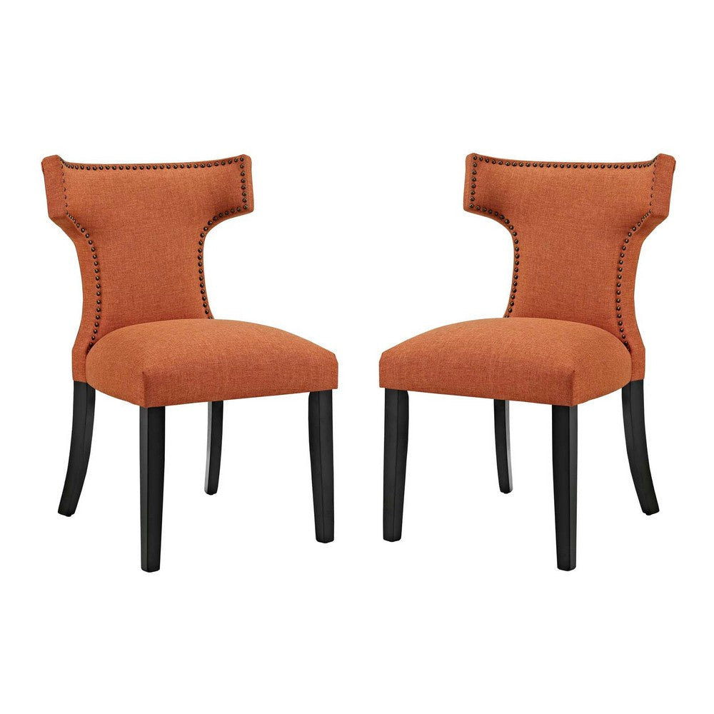 Modway Curve Mid-Century Modern Upholstered Fabric Armchairs with Nailhead Trim, Two Dining Chair Set, Orange