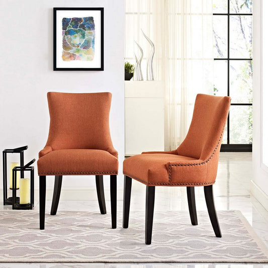 Modway Marquis Modern Elegant Upholstered Fabric Parsons Dining Side Chair with Nailhead Trim and Wood Legs, Set of 2, Orange