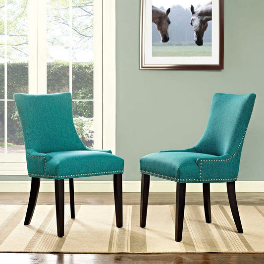 Modway Marquis Modern Elegant Upholstered Fabric Parsons Dining Side Chair with Nailhead Trim and Wood Legs, Set of 2, Teal